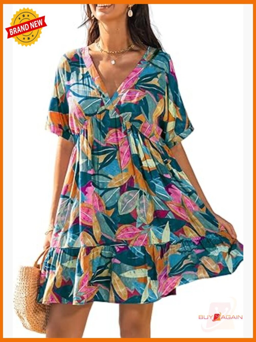 V Neck Mini Dress Short Sleeve Ruffled Loose Fit Summer Beach Dress